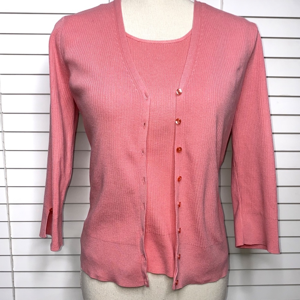 Talbots Pink Ribbed V-Neck Cardigan with Matching Shell - Picture 7 of 8